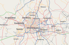 Mapa konturowa aglomeracji Johannesburga, po prawej znajduje się punkt z opisem „JNB”