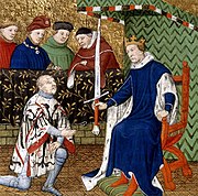 Peinture représentant Bertrand Du Guesclin tête nue, un genou à terre, recevant l'épée de connétable du roi de France Charles V ceint de sa couronne et vêtu de bleu. À l'arrière plan, trois personnages sont témoins de la scène.