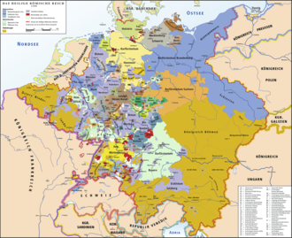 Das Heilige Römische Reich am Vorabend der Französischen Revolution 1789 (in lila geistliche Territorien, in rot die Reichsstädte) (Quelle: Wikimedia)