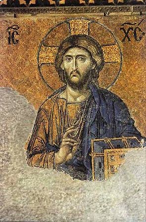 Blue mosaic in the cloak of Christ in the Hagia Sophia church in Istanbul (13th century).