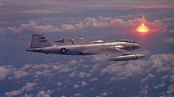 Aerial shot of the explosion during Hardtack I Poplar. Martin RB-57D in the foreground.