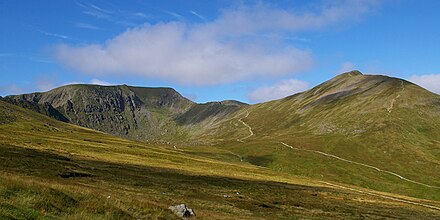 The twisting route to the summit of Helvellyn on the left, England's third highest peak.