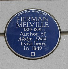 The blue plaque to Herman Melville at No. 25. Herman Melville Craven Street.JPG