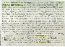 Sterbeanzeige Johan Julius Hummel, 1798, aus: Amsterdamse courant, 8. März 1798 (Quelle: Wikimedia)