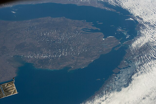 Lake Michigan–Huron with north oriented to the right; taken on April 14, 2022, during Expedition 67 of the International Space Station. Green Bay is a