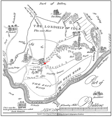 Annotated Map of the Lordship of Idle, 1584. From North-South. Red Arrow in the middle indicating Idle.