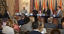 Secretary of State Michael Pompeo and Secretary of Defense Mark Esper hold a joint press availability with Indian Minister of External Affairs S. Jaishankar and Minister of Defence Rajnath Singh after the 2+2 Ministerial Dialogue India 2+2 Ministerial Dialogue Press Availability (49239820232).jpg