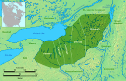 carte montrant la localisation des nations iroquoises. Le territoire des Iroquois vers 1650