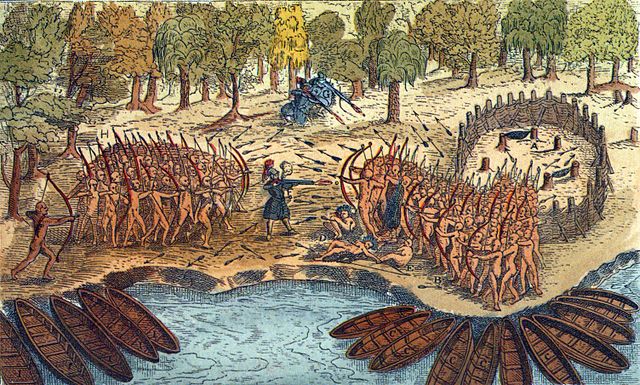 Engraving based on a drawing by Champlain of his 1609 voyage. It depicts a battle between Iroquois and Algonquian tribes near Lake Champlain, with int