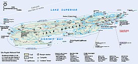 Rock Harbor listed in green on the right side of a map of Isle Royale