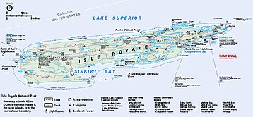 Rock Harbor Lighthouse (center bottom) is located in Rock Harbor on Isle Royale (right-click image to enlarge). Isle Royale shipwrecks Lake Superior.jpg