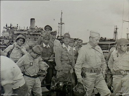 The Japanese commanding officers at Halmahera land at Morotai to surrender to the 93rd Infantry Division