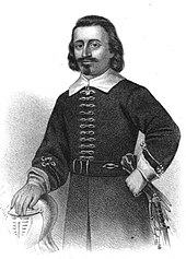 Portrait of John Leverett. Leverett launched an expedition against Acadia on behalf of England in 1654. JohnLeverettInMilitaryUniform.jpg