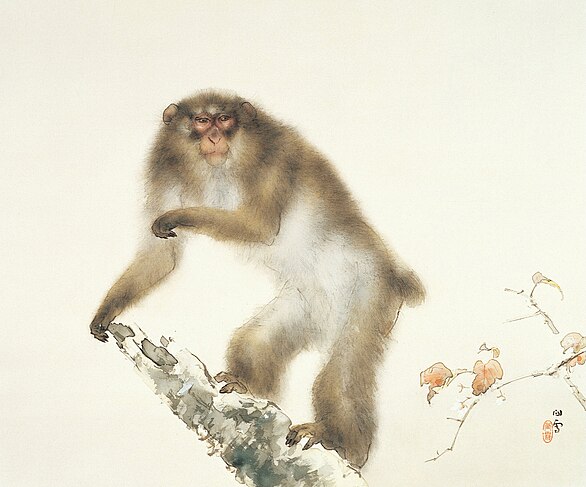 Monkey with cherry: Japanese 1938, colour on silk.