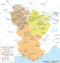 Kraljevini Spodnja in Zgornja Burgundija v 9.in 10. stoletju (rjavo je prikazana Vojvodina Burgundija, ki ni predmet tega članka)   Zgornja Burgundija   Spodnja Burgundija   Vojvodina Burgundija