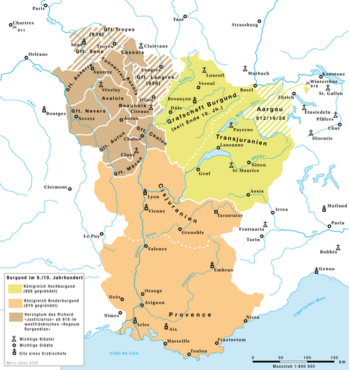 De drie Bourgondiën (±900): ■ Opper-Bourgondië ■ Neder-Bourgondië ■ Hertogdom Bourgondië (West-Frankisch)