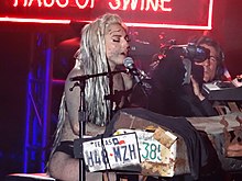 Gaga performing "Dope" at SXSW. The song talks about Gaga's past experiences with substance abuse. Lady Gaga Dope SXSW.jpg