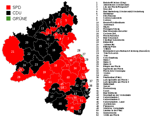 Map of results by constituency (Wahlkreis) Landtagswahl 2021 Rheinland-Pfalz Erststimmenergebnis.svg