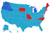 Left turns on red for US states
.mw-parser-output .legend{page-break-inside:avoid;break-inside:avoid-column}.mw-parser-output .legend-color{display:inline-block;min-width:1.25em;height:1.25em;line-height:1.25;margin:1px 0;text-align:center;border:1px solid black;background-color:transparent;color:black}.mw-parser-output .legend-text{}
Left turns on red from one-way and two-way streets into one-way streets permitted
Left turns on red from one-way streets into one-way streets permitted
State prohibits left turns on red Left on red US 2023.png