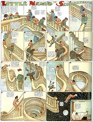 Comic page. Three children slide down a fantastic stair. One of them says "I AM EDDY RAY!" "OOK LAY OUT TA! IS THAY IS A ARP SHAY CURVE CAY! EE BAY AREFUL CAY!" "I OLD TAY OO YAY OO TA OOK LAY OUTAY IDDEN DEY I DE?" "IS THAY IS I MAY INISH FAY!" "OW NAY OR FAY A OOD GAY UMP BAY! OH!".