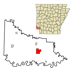 Little River County Arkansas Incorporated és bejegyzett területek Ashdown Highlighted.svg