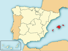 Mappa amministrativa della Spagna, che mostra le Isole Baleari in rosso.