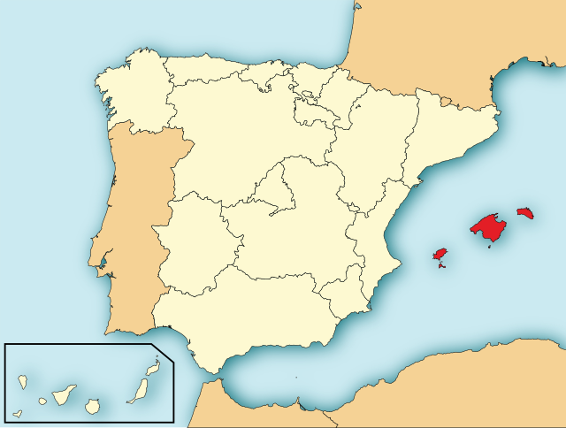 Carte administrative de l'Espagne, montrant les îles Baléares en rouge.
