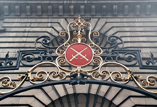 Coat of arms of the Diocese of London at the gate of the church