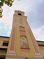 Il campanile della chiesa della Santissima Annunziata, Lorsica, Liguria, Italia