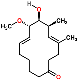 Chemical structure of (4E,6S,7S,8S,9E)-7-hydroxy-8-methoxy-4,6-dimethylcyclotetradeca-4,9-dien-1-one, a macroketone used in the synthesis of migrastatin analogs Macroketone.png