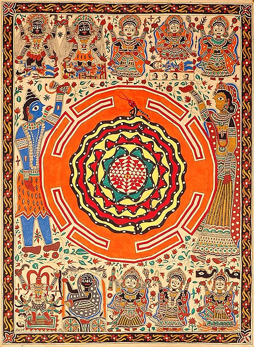 Sri Yantra diagram with the Ten Mahavidyas. The triangles represent Shiva and Shakti, the snake represents Spanda and Kundalini.