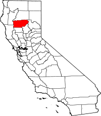 Kort over California med Tehama County markeret