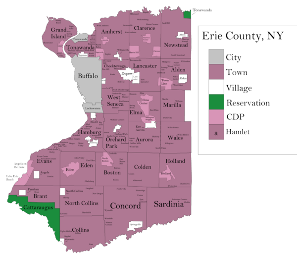 Map showing the municipalities of Erie County