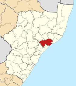Kaart van Suid-Afrika wat uMlalazi in KwaZulu-Natal aandui