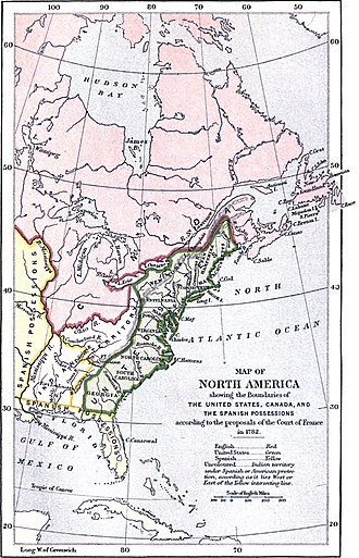 The 1782 French proposal for the territorial division of North America, which was rejected by the Americans Map of North America, 1782 (Life of William, Earl of Shelburne) (edited).jpg
