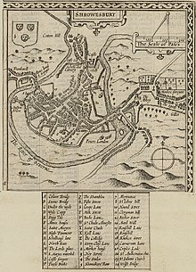 Map of Shrewsbury from Pennant's A tour in Wales, 1778 Map of Shrewsbury town 01946.jpg