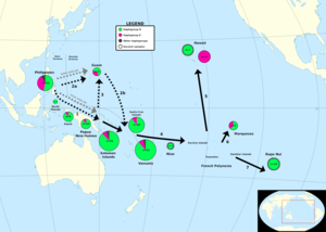 Map showing the prehistoric introduction of domesticated chickens into Oceania from the Philippines via the Neolithic Austronesian expansion (c. 4000 BP), inferred from genetic markers on ancient and modern chicken DNA Map showing prehistoric diffusion of domestic chickens (Gallus gallus) into the Pacific via the Austronesian migrations (Thomson, Lebrasseur, & Austin, 2014).png