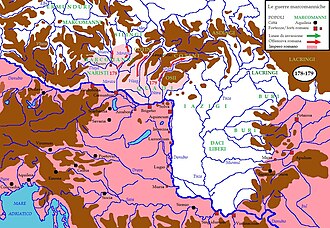 The territories of Marcomannia and Sarmatia during the period of the wars of 170-180. Marcomannia e Sarmatia 178-179 dC.jpg