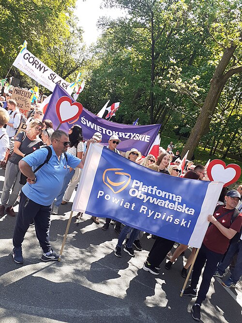 Civic Platform banner carried during the opposition march on 4 June 2023