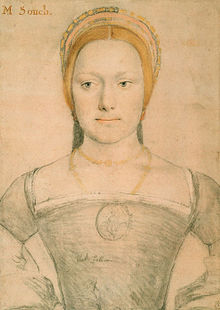 Hans Holbein chalk portrait of a woman whom some art historians identify as Anne Gainsford; however, it's more likely to be that of Mary Zouche, another lady-in-waiting. The name M. Souch in the top left corner of the portrait could indicate either Mistress Zouche or Mary Zouche Mary Zouch by Hans Holbein the Younger.jpg