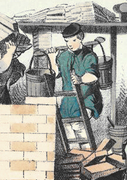 Verwendung des Eimers an der Tragstange (Der Maurer, aus Was willst du werden, um 1880)