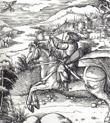 Young prince (later Holy Roman Emperor Maximilian I) hunting for birds as a horsed archer. Woodcut by Albrecht Durer. Maximilian 1470.png