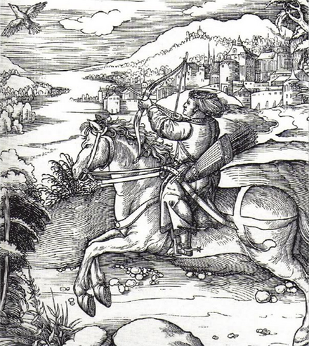 Young prince (later Holy Roman Emperor Maximilian I) hunting for birds as a horsed archer. Woodcut by Albrecht Dürer.