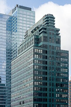 330 West 42nd Street, a green-blue skyscraper, as seen from the east