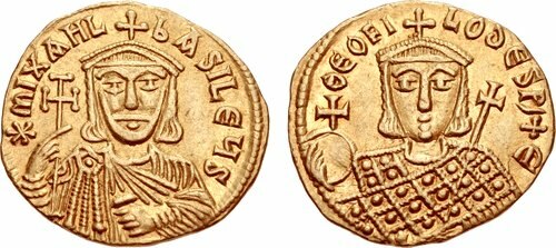 Theophilos on a coin of his father, Michael II, founder of the Amorian/Phrygian dynasty