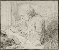 Michel-Jean Sedaine, Writing at His Desk label QS:Len,"Michel-Jean Sedaine, Writing at His Desk" label QS:Lpl,"Michel-Jean Sedaine piszący przy biurku" 1749. black chalk. 21.1 × 24.9 cm (8.3 × 9.8 in). Sotheby's.