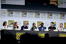 Star Trek: Discovery panel at the 2019 San Diego Comic-Con Michelle Paradise, Heather Kadin, Alex Kurtzman, Sonequa Martin-Green, David Ajala, Ethan Peck & Rebecca Romijn (48441858377).jpg