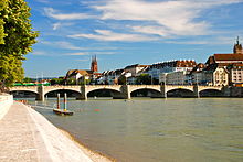 The city of Basel, located on the Rhine, is a historic city-state and a Swiss canton. Middle Bridge, Basel, Switzerland.JPG