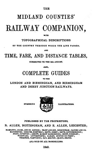 Title page of the Midland Counties' Railway Companion published by Richard Allen of Nottingham and Edward Allen of Leicester 1840 Midland Counties' Railway Companion title page.jpg