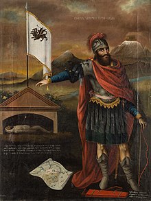 "Hajko" de Mkrtum Hovnatanjan (1779–1846). La legenda fondinto de la armena nacio, starante apud la tombo de Bel, sur kies brusto troviĝas lia sago. La mapo montras la regionon de la lago Van kaj la monto Ararato kun la arkeo de Noa.